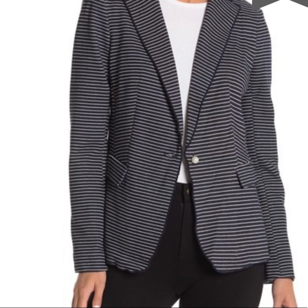T Tahari Faux Pearl Button Striped Knit Blazer